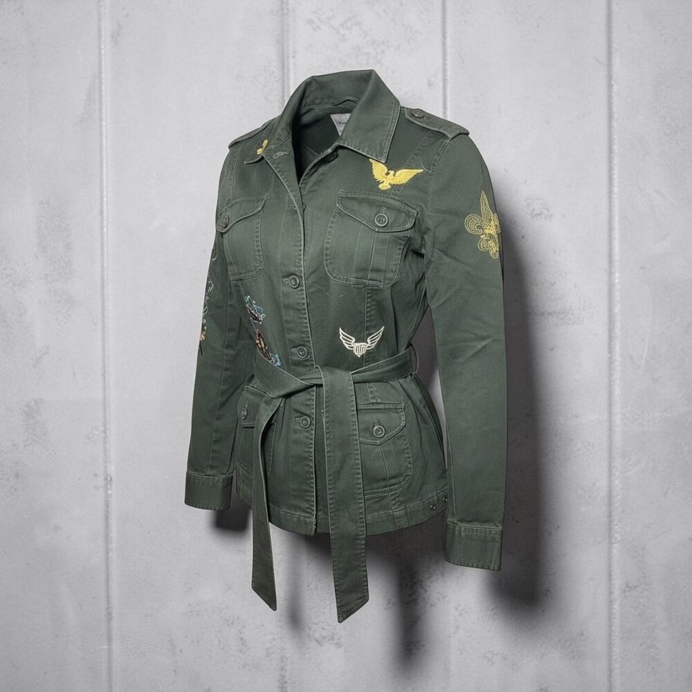 True Meaning Military Green Canvas Eagle Floral Embroidered Tie Jacket Size XS
